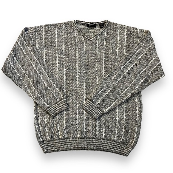 Vintage Lorenzo Italy Pullover Sweater Textured Knit Striped V Neck  Gray Large - Picture 1 of 7